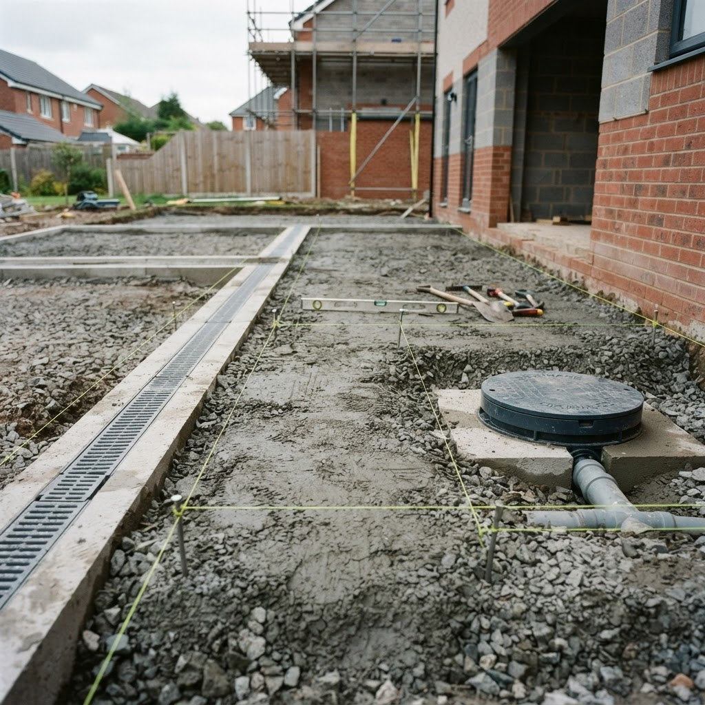 Tidy residential groundworks site with compacted stone sub-base, string lines, channel drain and inspection chamber installed