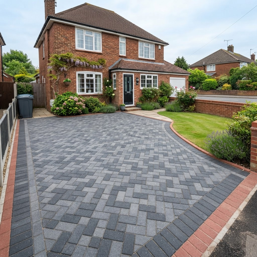 Newly laid charcoal and grey block-paved driveway in a herringbone pattern outside a brick home