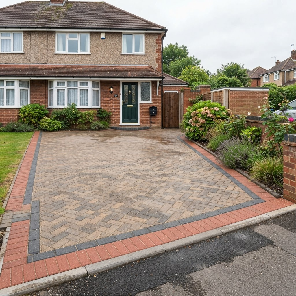 Herringbone block-paved driveway with charcoal border course and brick edging