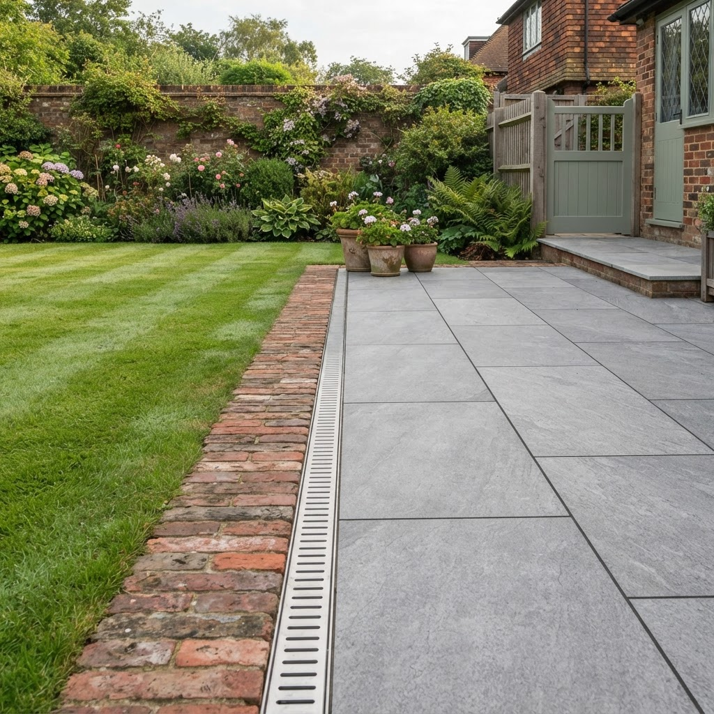 Large-format grey porcelain patio slabs with brick edging and lawn