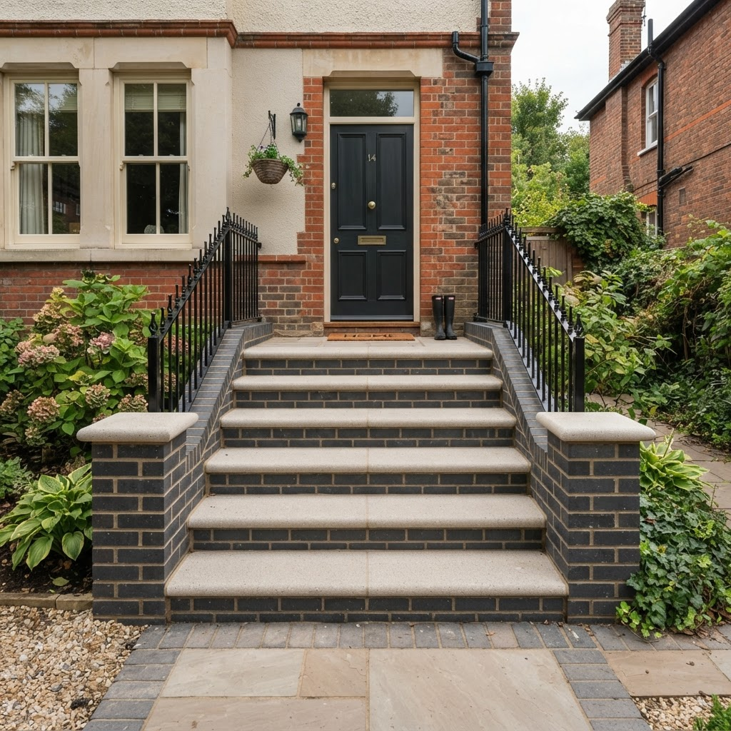 Newly built front entrance steps in light stone with charcoal brick risers